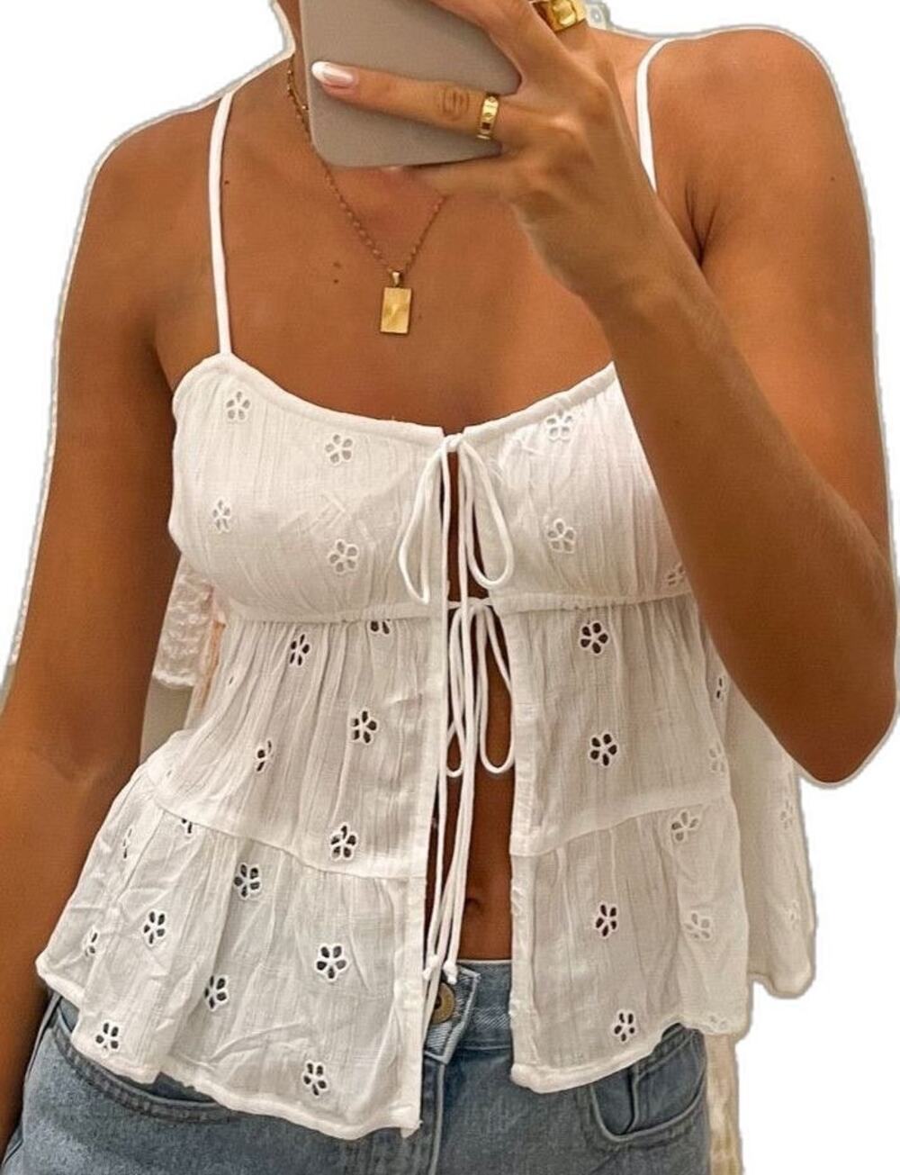 Preppy Babydoll Eyelit Embroidered Floral Tie Front American Eagle Cropped Top